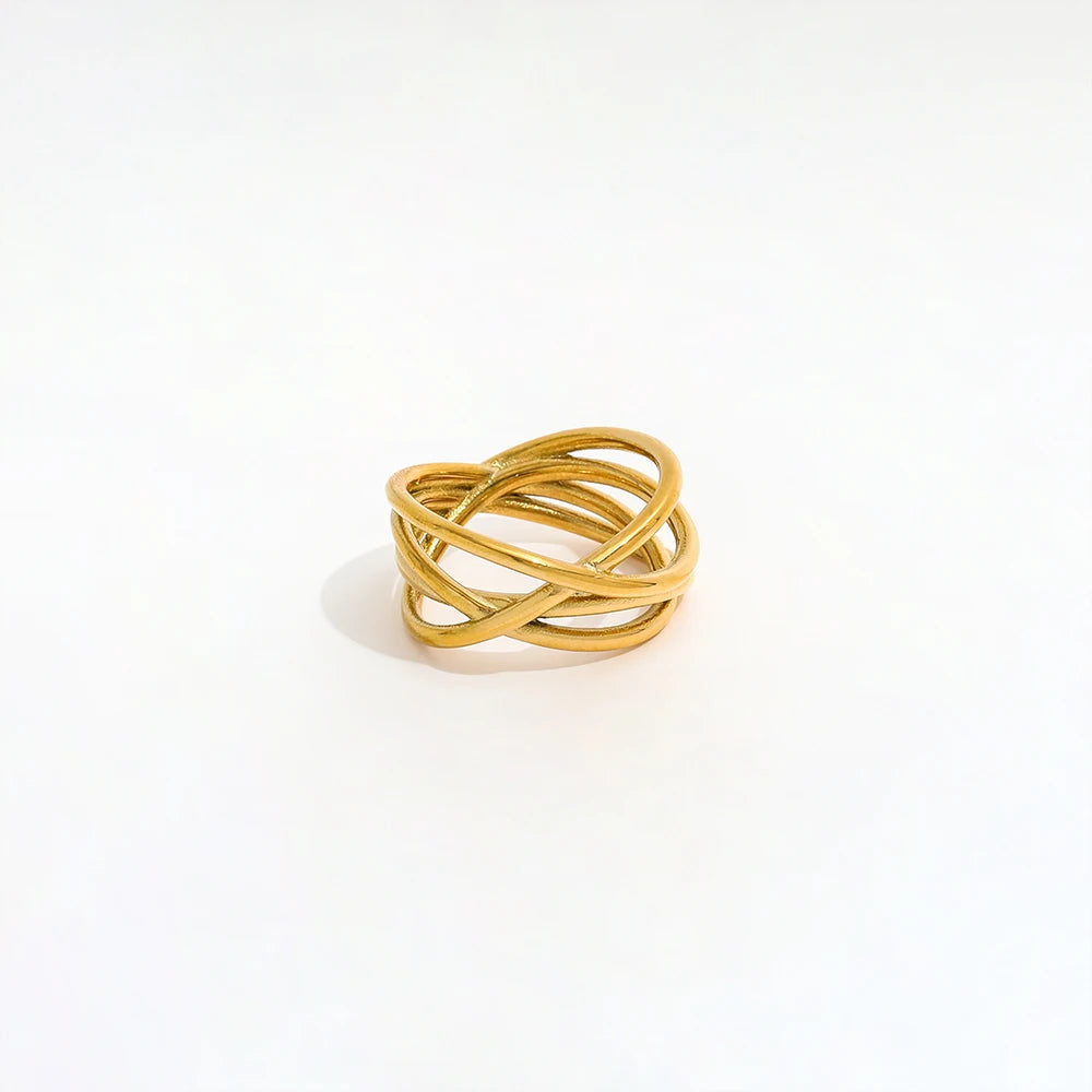 Tarnish Free High End 18K Gold Plated Multi- Layer Lines Cross Chunky Rings for Women Stainless Steel Jewelry