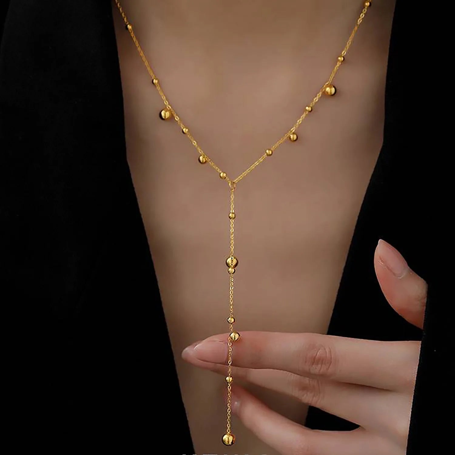 Simple 18k Gold Y-shaped Tassel Round Bead Chain Necklace Stainless Steel Long Steel Bead Chain Tassel Pendant Necklace Jewelry