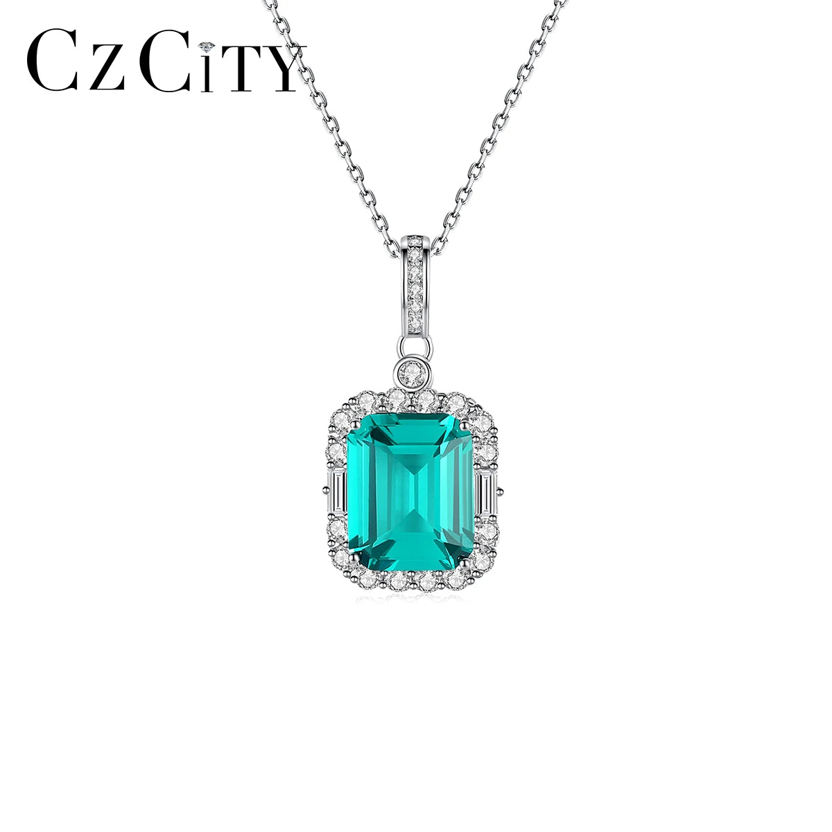 CZCITY Big Stone Green Pendant Gemstone Woman Jewelry Making Large 925 Sterling Silver Necklace