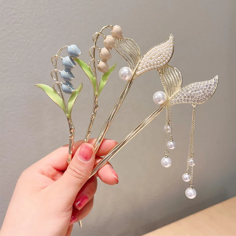 Luxury Tassel Flower Bamboo Chop Stick Hair Pins Rhinestone Pearl Hairpins Wand Hair Chopsticks Accessories for Women