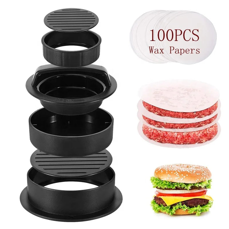 Burger Press Maker with Different Size Patty Molds and Non Sticking Coating Hamburger Maker with 100ps Burger Paper