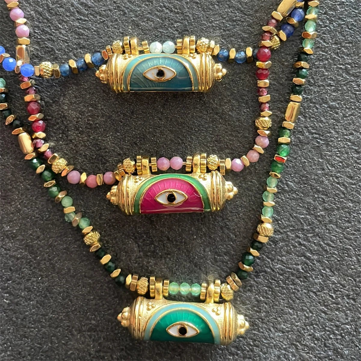 European and American EvilEye Kaleidoscope Necklace Vintage Woven Rope Colorful Beads Chain Gold Plated Collarbone Chain