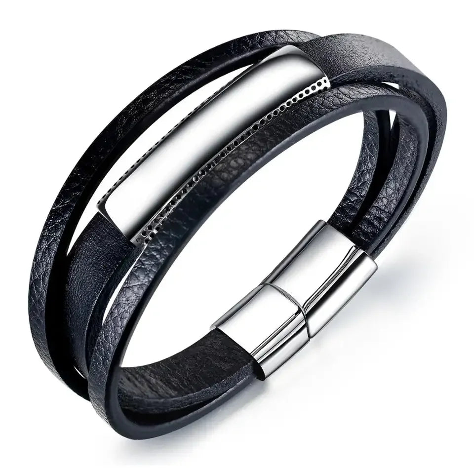 Custom Engraved Band LOGO Name Date Silver Gold Mens Stainless Steel Leather Bracelets with Magnetic Clasp PH1369