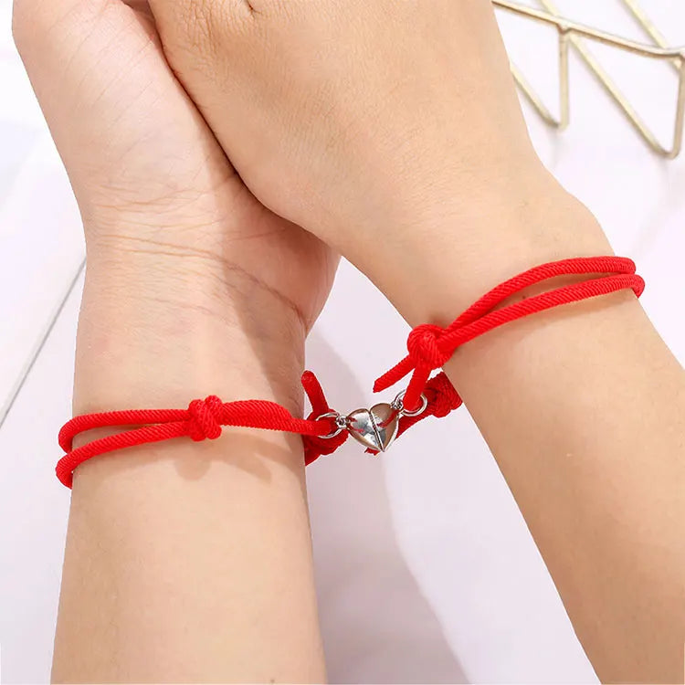 Magnetic Heart Charm Couple Bracelet 2pcs Set Adjustable Nylon Rope BFF Pinky Promise Friendship Bracelet Handmade for Women