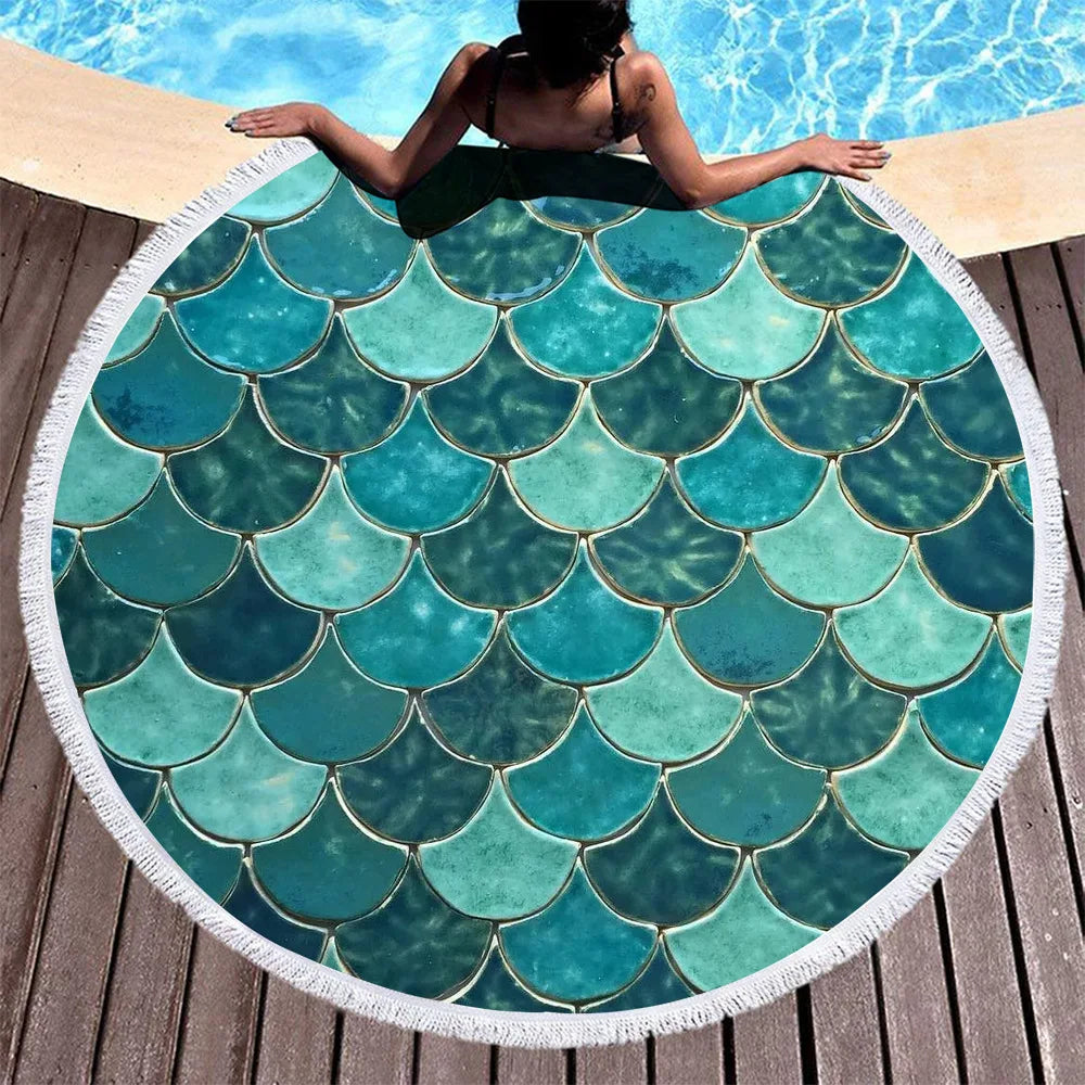 Drop Shipping Microfiber Tassel Round Blanket Digital Printed Round Beach Towel Fish Scale Beach Towel