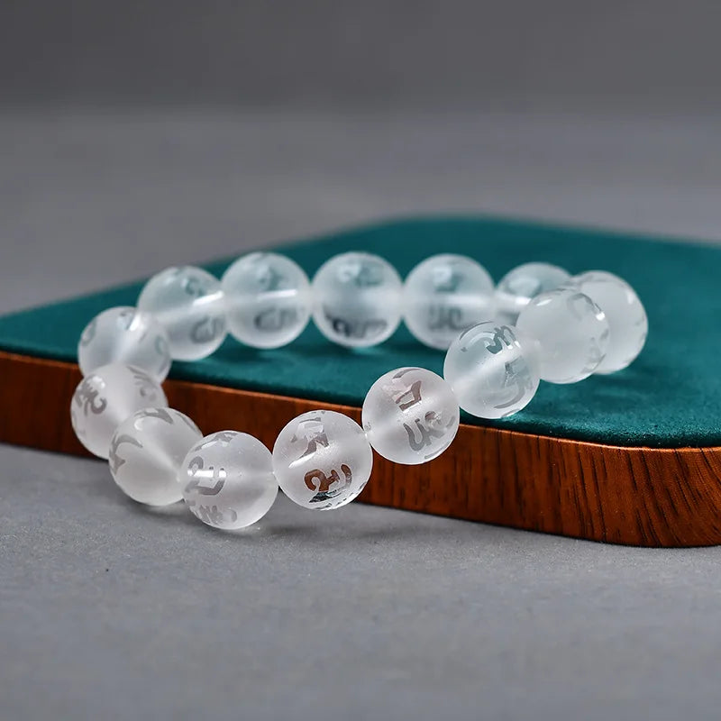 Men Buddhist Six Words Health Wealth Fortune Bracelet Women Frosted Natural White Crystal Beads Bracelets