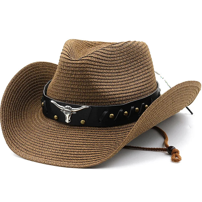 WoZhen Traditional Ethnic Style Belt Cap With Rope Western Cowboy Flexible Straw Hat