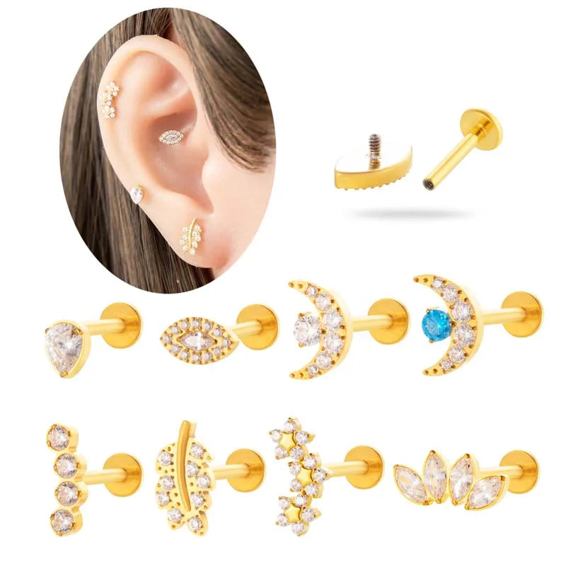ASTM F136 G23 PVD Gold High Polished Titanium Children's Crown Shape Internally Threaded Tragus Earring Marquis Cut Prong Set CZ