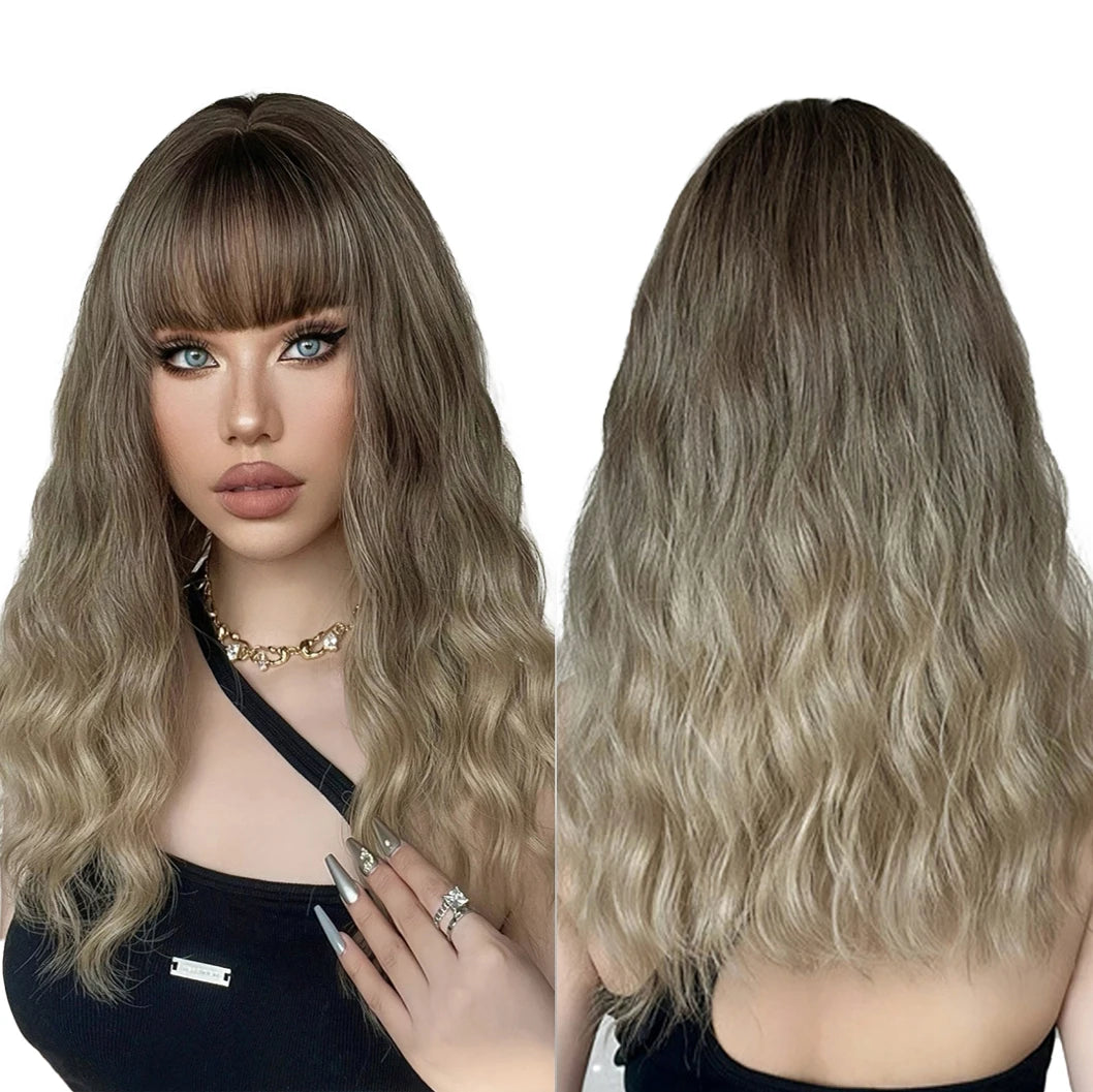 Factory Fast Delivery Synthetic Ombre Ash Light Brown Curly Wig with Bangs Middle Length Wavy Natural Hair Wigs Heat Resistant