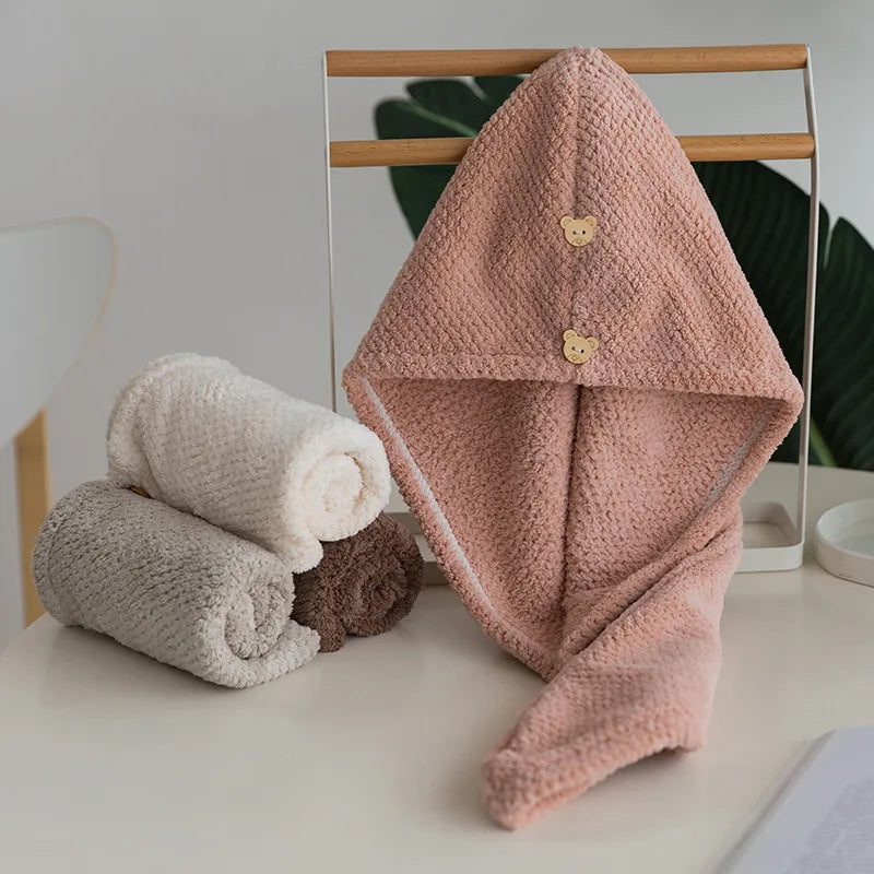 Wholesale Quick Water Absorbing Microfiber Drying Hair Towel With Double Bear Button for Women