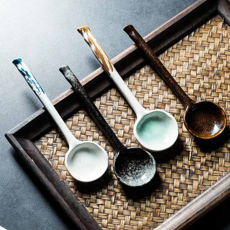 Japanese Retro Ceramic Tablespoon for Ramen Soup Rice Noodles Dinner Serving Spoon Ladles-for Party Condiments Gravies Sauces