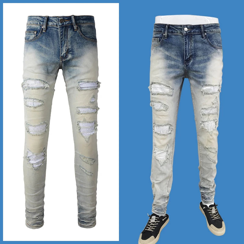 Men's Slim Fit Ripped Distressed Stretch Jeans Wholesale White Patch Rhinestone Denim Trousers Vintage Hip Hop Streetwear Y2K