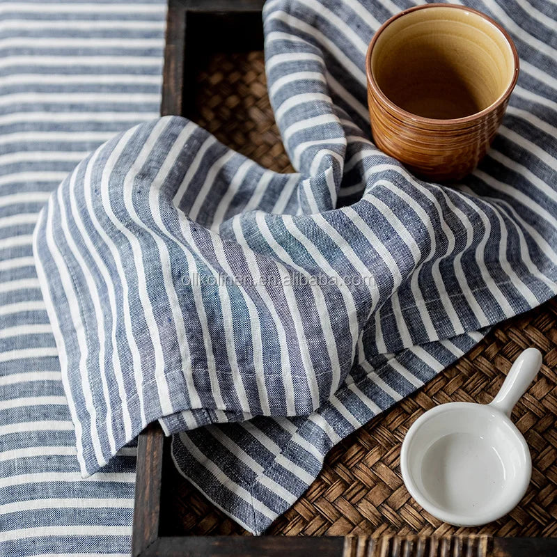 Wholesale Custom Premium Hotel Party Rectangle Stonewashed Striped Linen Tablecloth Basic 100% Linen Table Cloth