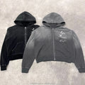 Fashion Manufacturer Custom Screen Print Heavyweight Acid Wash Sun Faded Rivet Studded Rhinestone Boxy Cropped Fit Zip up Hoodie
