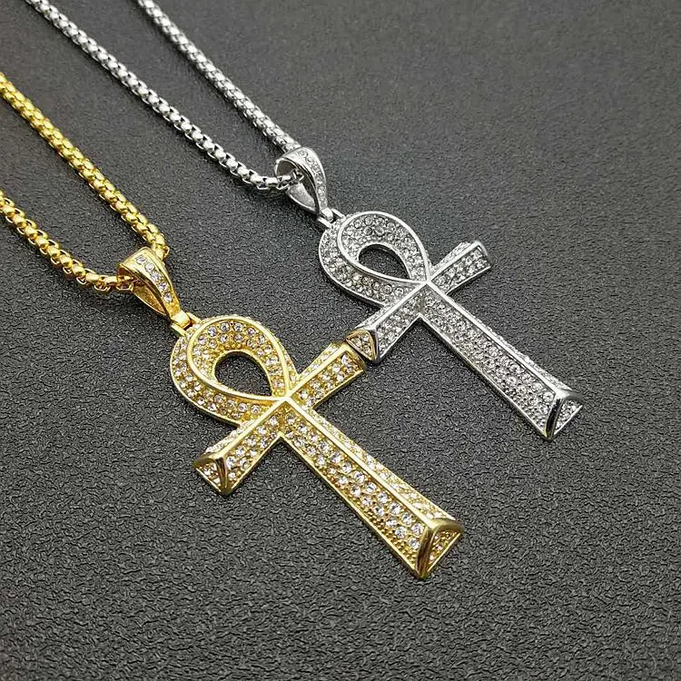 Wholesale Christian Hiphop Iced Paved Stainless Steel 18k Gold Plated Allah Cross Pendant Necklace Jewelry for Men