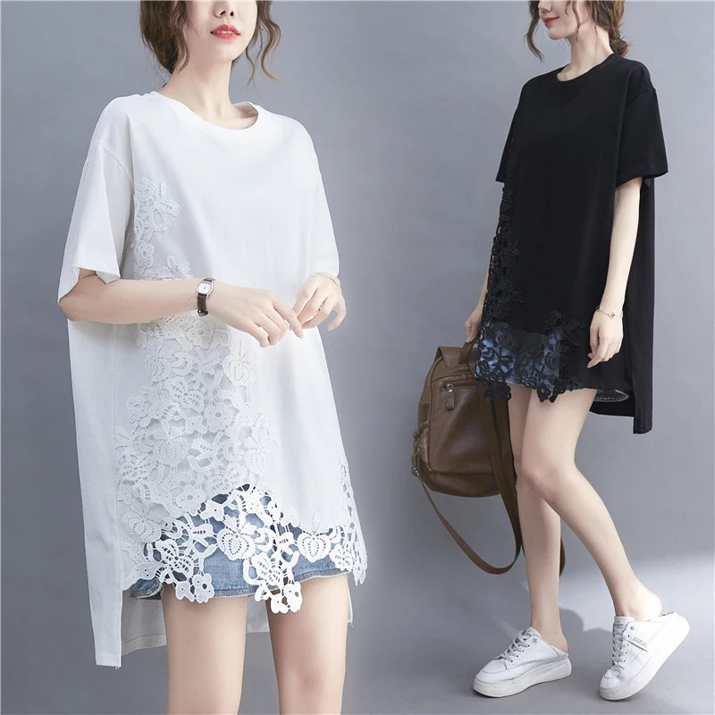 Wholesale 2026 Summer New Design Sense Lace Lace Splice Hollow Out Mid Length Short Sleeve Women's T-shirt