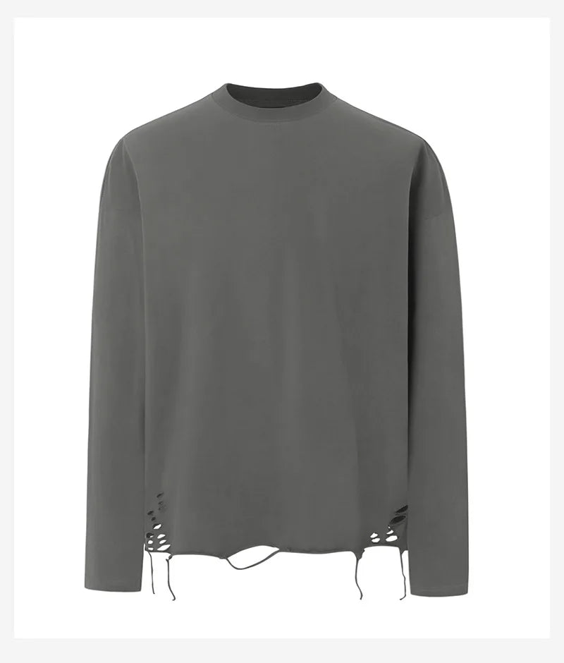 Men's Oversized Distressed Hem T-shirts Men's Oversized Vintage Blank Distressed Long Sleeve t Shirt