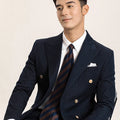New Arrival Men's Navy Blue Double-Breasted Casual Wedding Suit Business Style with Lapel Collar Two Piece Set