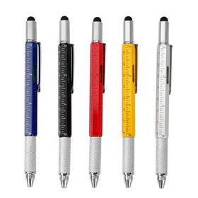 Stock 6-in-1 Multi-Function Metal Ballpoint Pen with Touch for Screwdrivers Ruler Level 1.0mm Writing Width