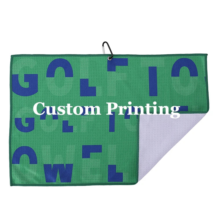 Eco Friendly Premium Quality Cleaning Golf Ball Towel Green Logo Printed Custom Waffle Golf Towels With Hook