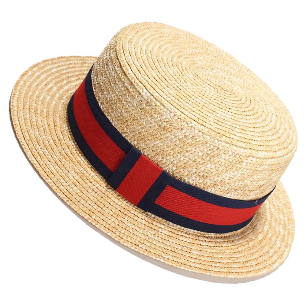 Hot Selling Skimmer Boater Hat Summer Natural Wheat Straw Hats Ladies Handwoven Straw Sun Hats Wide-brimmed Ribbon Flat Top Hat