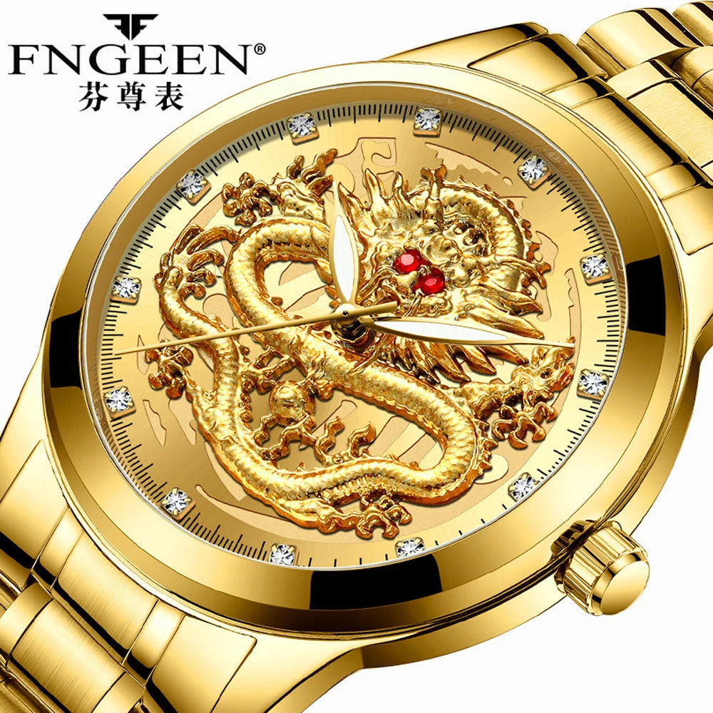 FNGEEN S336 Watch Top Luxury Gold Dragon Dial Quartz Watches Men Wrist Stainless Steel Men's Business Wristwatches Reloj Hombre