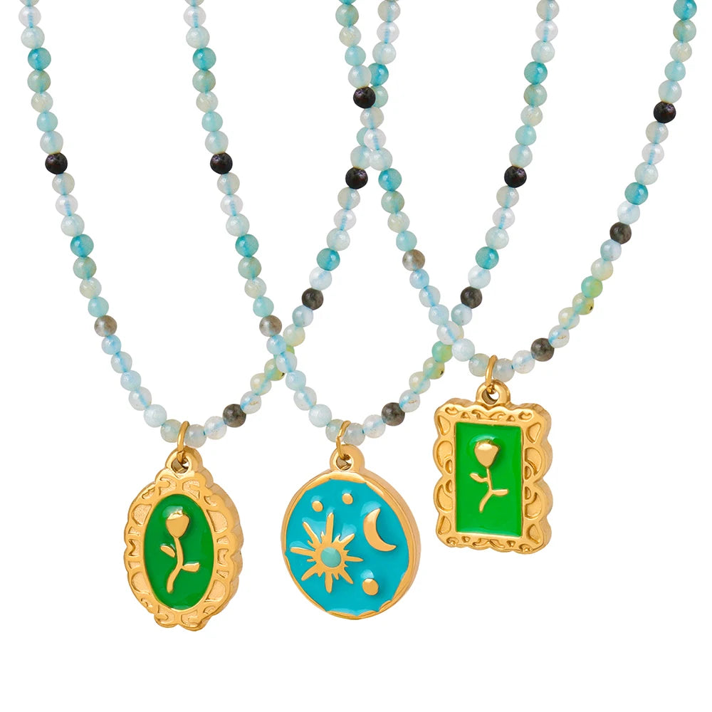 Vintage Fashion Enamel Gold Plated Stainless Steel Natural Stone Chain Pendant Beaded Necklace for Women Daily Casual Party