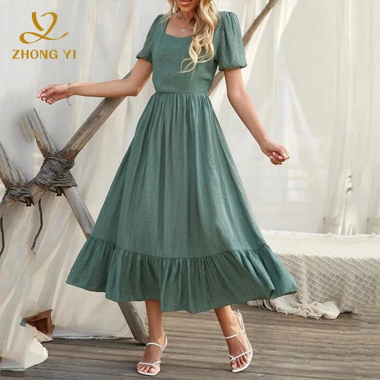Clothing Wholesale Custom Oem Summer Women Clothing Puff Short Sleeve Dress Ruffle Bottom Ladies Chiffon Casual Long Dresses
