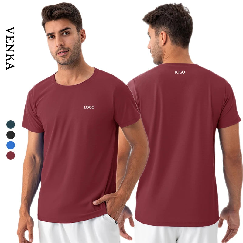 Men's Neck Loose Sports Fitness Running Top Custom Logo Men Nylon Breathable Quick-dry Wicking Gym Workout Short Sleeve T Shirts