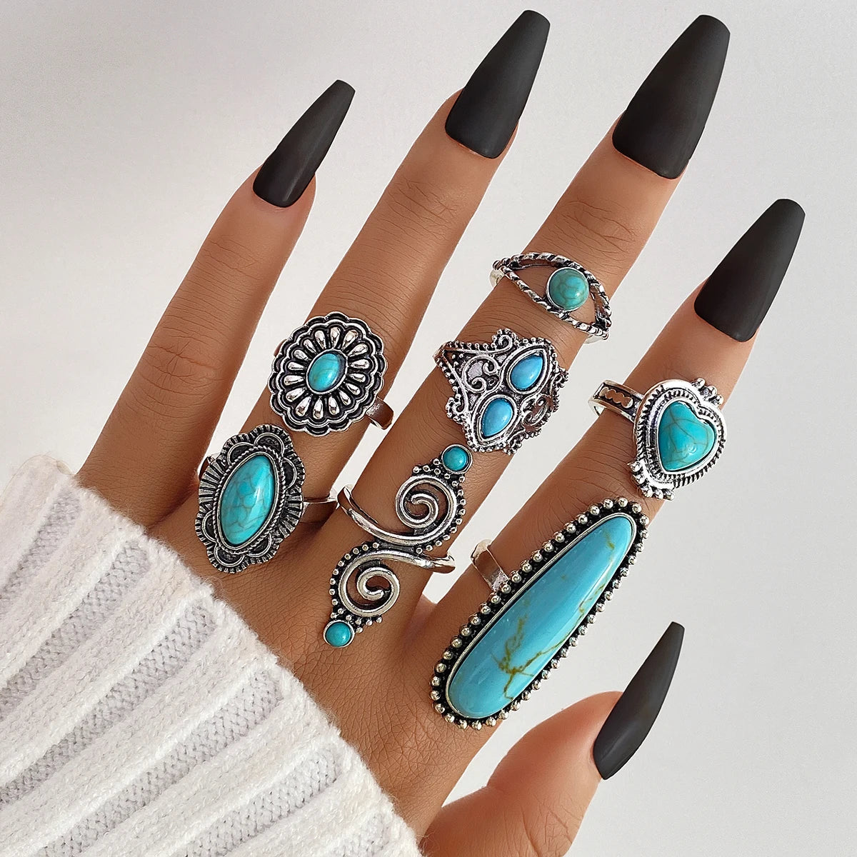 7Pcs/Set Vintage Style Turquoise Sunflower Love Ring for Women Jewelry