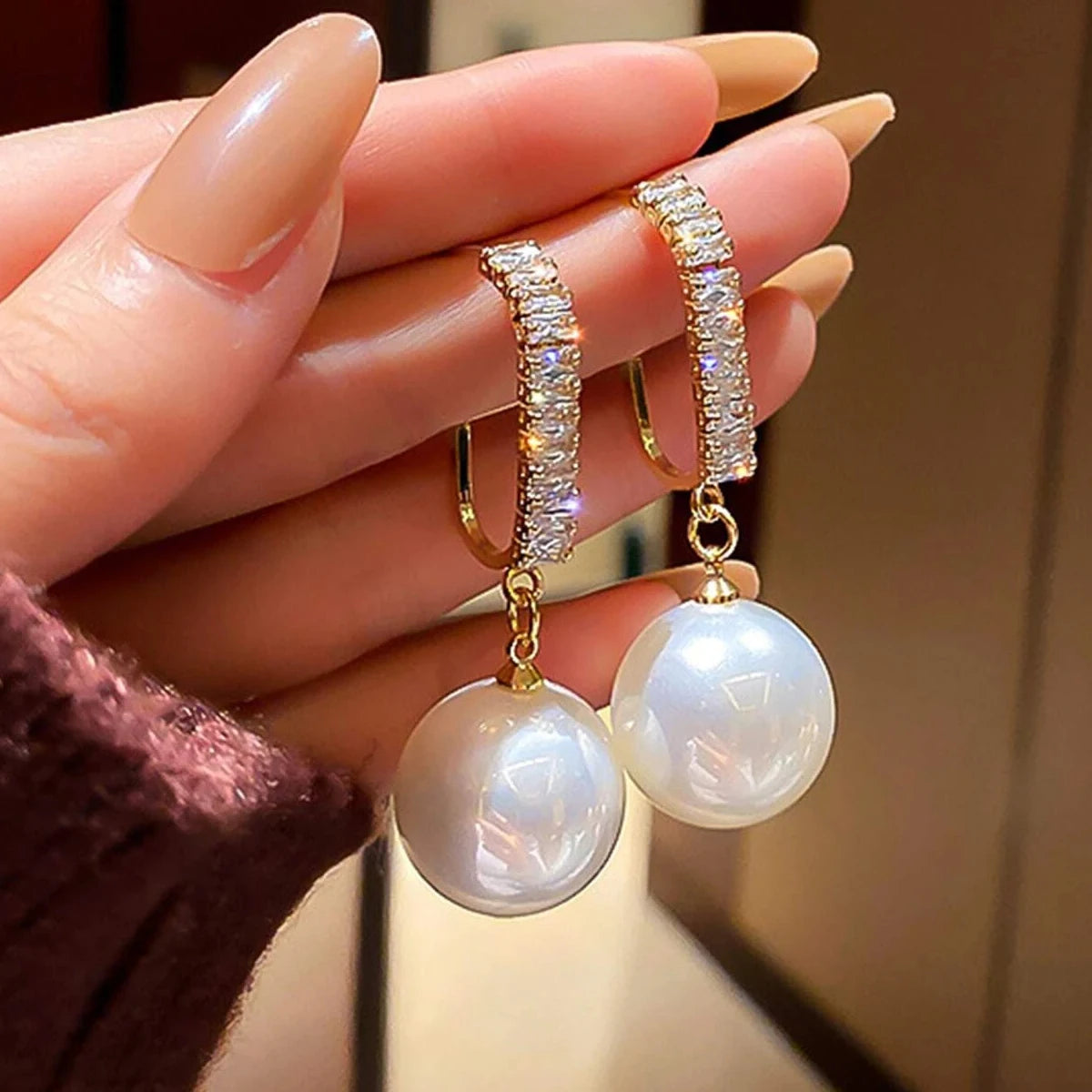 Large Dangle Pearl Earrings Simple Minimalist Rhinestone Jewelry Fashion Drop Zirconia Earrings