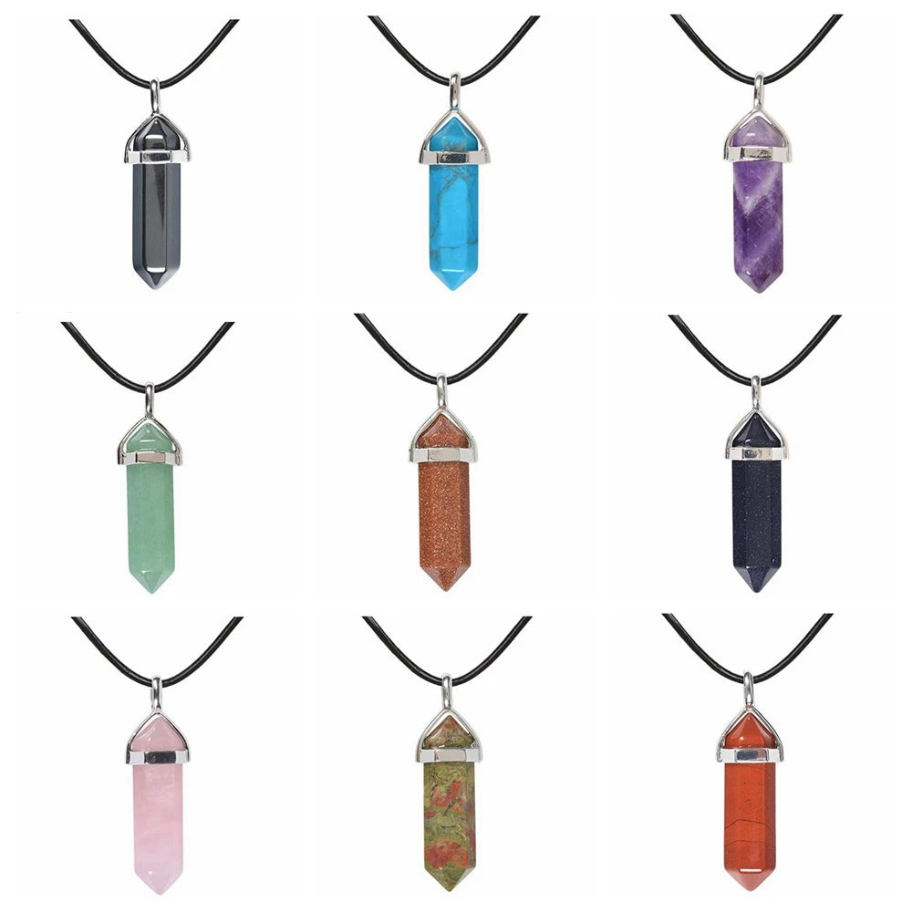 Wholesale 8*40MM Hexagonal Chakra Crystal Bullet Shape Gemstone Pendant Necklaces Pointed Quartz Stone Chain Necklaces