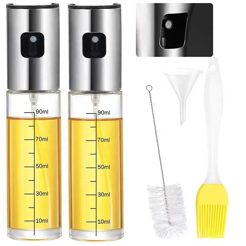 3pcs Stainless Steel Glass Oil Spray Bottle Set with Brush Funnel Press Barbecue Oil Slicker for Efficient Spraying in Kitchen