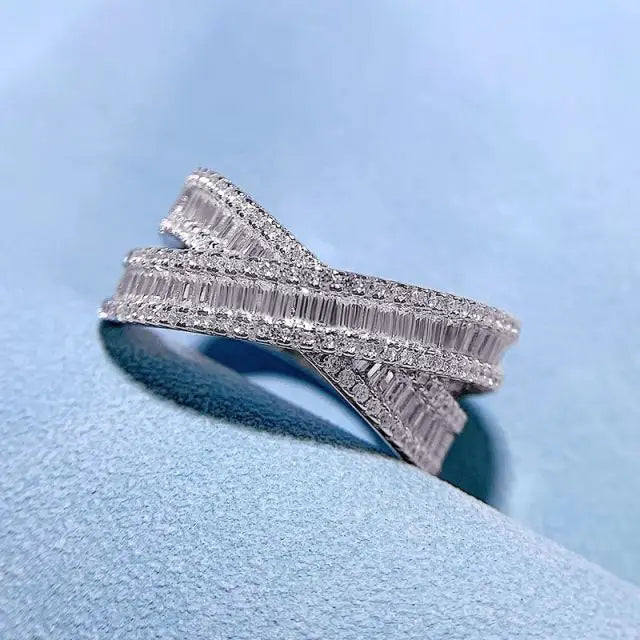 925 Sterling Silver X Shape CZ Eternity Engagement Wedding Band Cross Over Rings