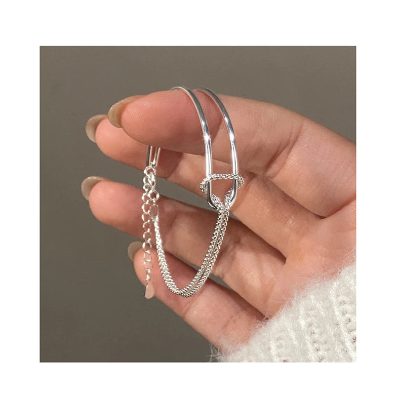 Genuine 925 Sterling Silver Double Layer Chain Knot Bracelet & Bangle for Women Fine Jewelry
