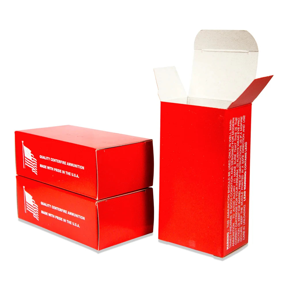 Topbrass Supplier Stock Cardboard Ammo Box UV Coated Paper Foil Specifications 38 SPECIAL 357 MAGNUM Embossed Industrial Crafts