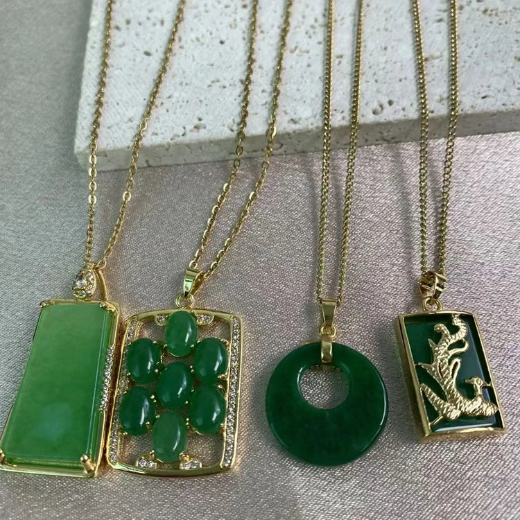 18K Gold-plated Jewelry Jade and Ice Dragon Rectangular PendantNecklace for Women