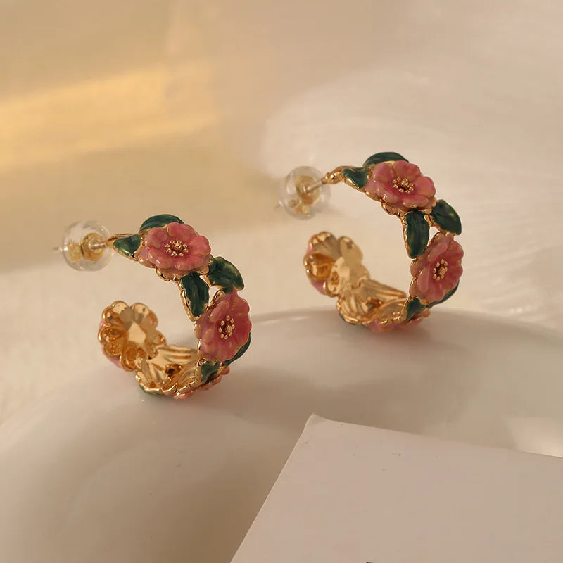 High Quality Summer Fashion French Vintage Colored Brass Camellia Enamel Drop Oil C Shape Earrings for Women