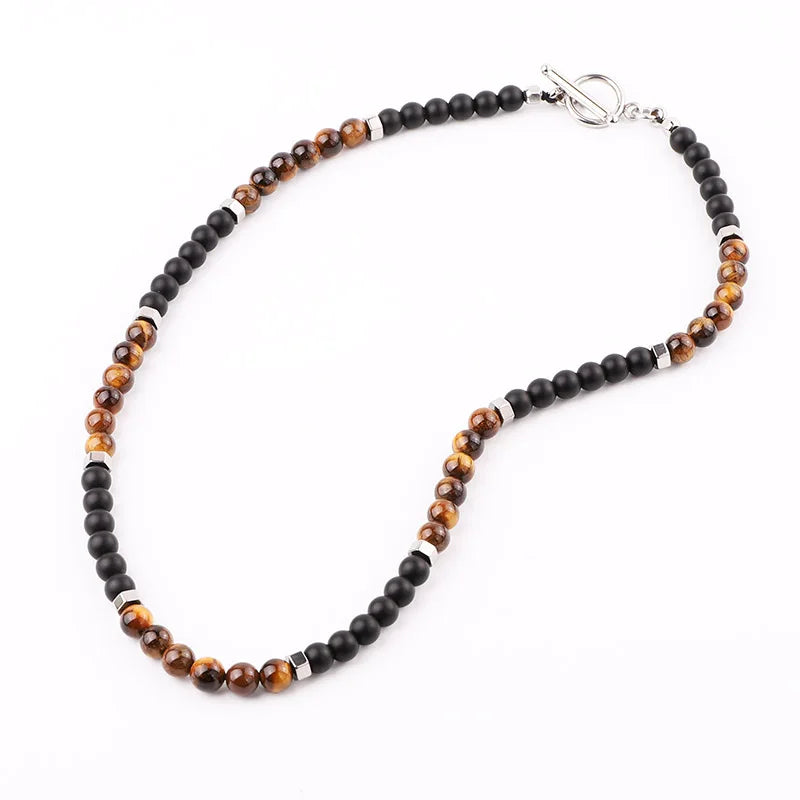 Factory Direct Making Natural Stone Tiger Eye Stone Matte Onyx Hematite Beads Custom Stainless Steel Clasp Men Necklace