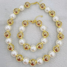 S11197 18k Gold Ball Bead and Pearls Beaded Necklace and Bracelet Women Accessories Jewelry Sets