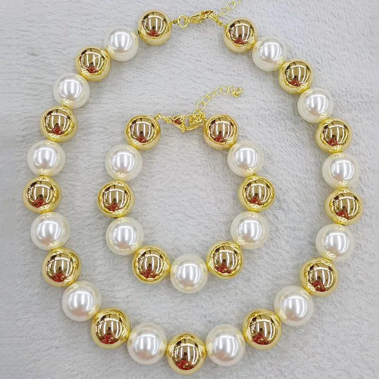 S11197 18k Gold Ball Bead and Pearls Beaded Necklace and Bracelet Women Accessories Jewelry Sets