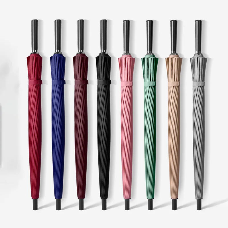 24 Bone Top Quality Wholesale Strong Windproof Long Leather Handle Straight Rod Umbrellas Big Promotional Golf Umbrella
