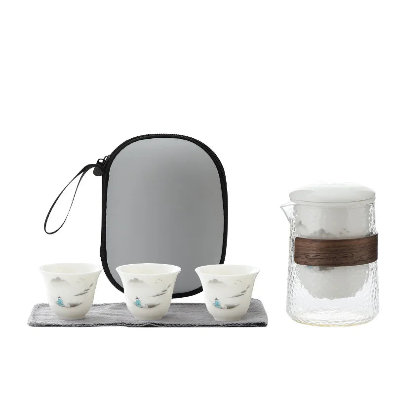 Portable Eco-Friendly Ceramic Travel Tea Set Outdoor Business Events Compact Gift Kit One Pot Three Cups Asian Zen Coffee Tea