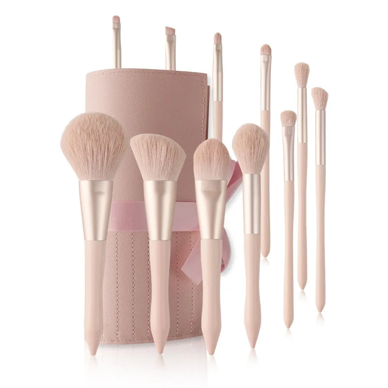 HUM New Design Wholesale Vegan Soft Fiber Hair Wood Handle Eco Friendly Custom 11pcs pink Makeup Brush Set with Bag