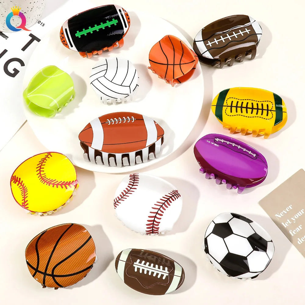 QIYUE Various Sport Rugby Football Basketball Acrylic Hair Claw Clip Women Hair Accessory