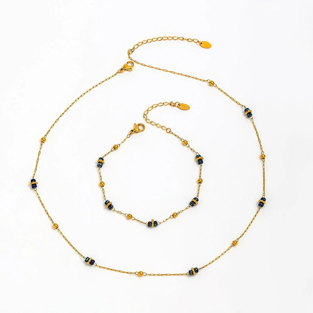 Joolim Jewelry 18K Gold Plated Blue Glass Stone Pendant Bead Choker Necklace Stainless Steel Jewelry Wholesale Bracelet Set