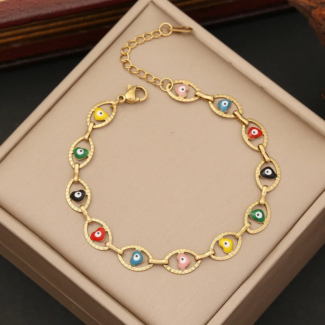 New Design18K Gold Stainless Steel Enamel Heart Evil Eye Lucky Charms Bracelet Women B376