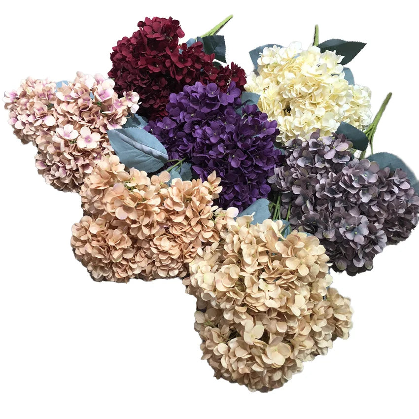 Handmade 5-Fork Big Artificial Hydrangea Bouquet 50cm Realistic Silk Hydrangea Flowers Many Colors for Wedding Graduation Many