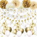Birthday Party Decoration Set Gold White Happy Birthday Balloons Banner Tissue Paper Pom Poms for Birthday Party Decor Backdrop