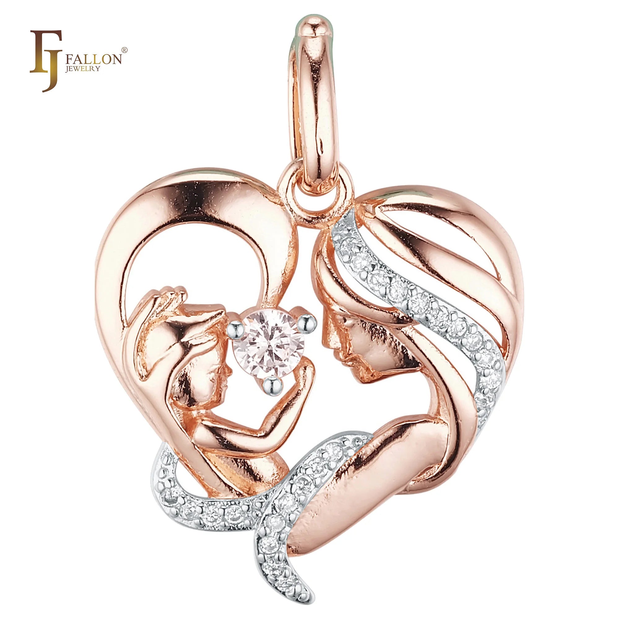 FJ Fallon Fashion Jewelry Heart Mother and Kid Pendant Plated in Rose Gold Two Tone Brass Based